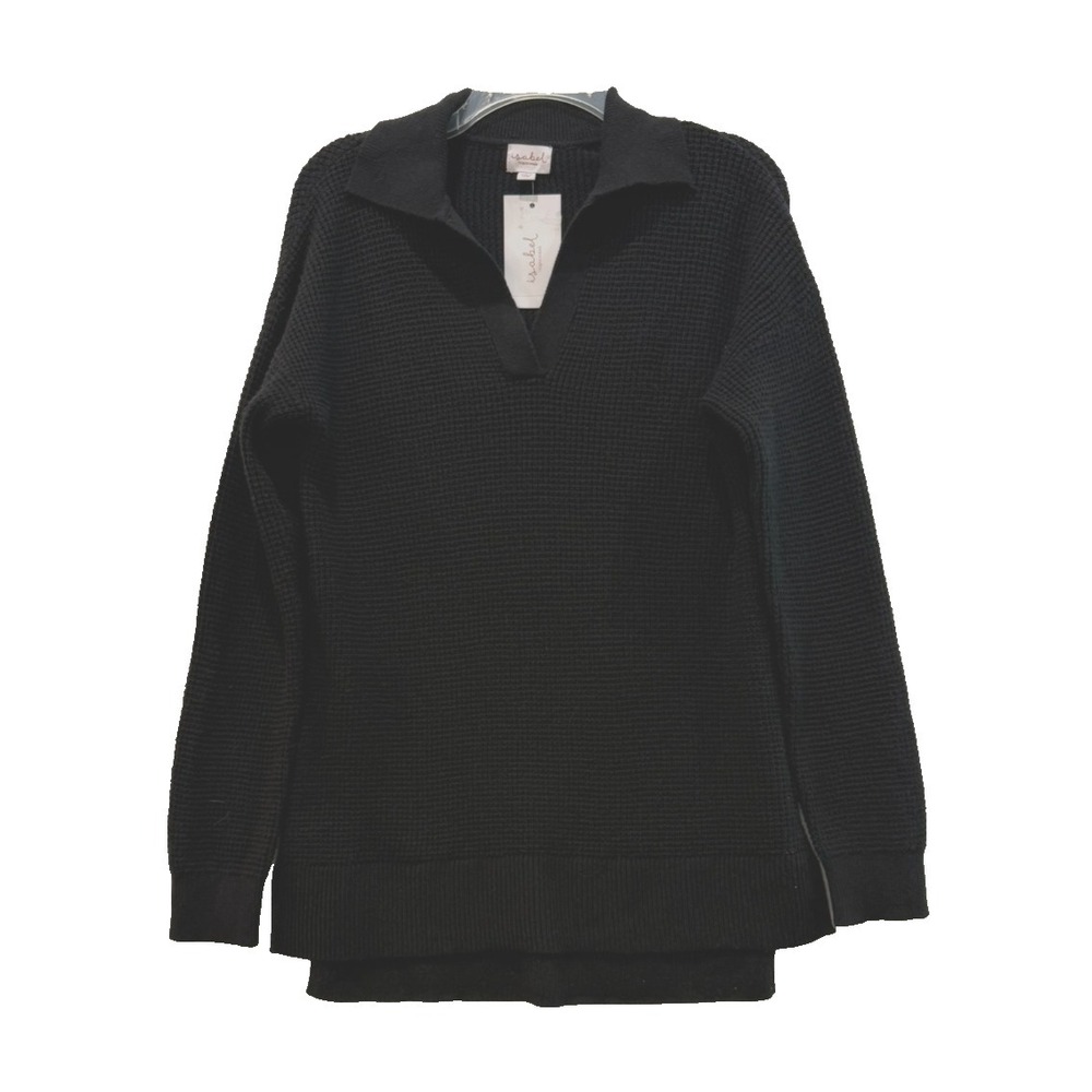 NWT Isabel Maternity Black Waffle Knit Collared Long Sleeve Top Sz Small